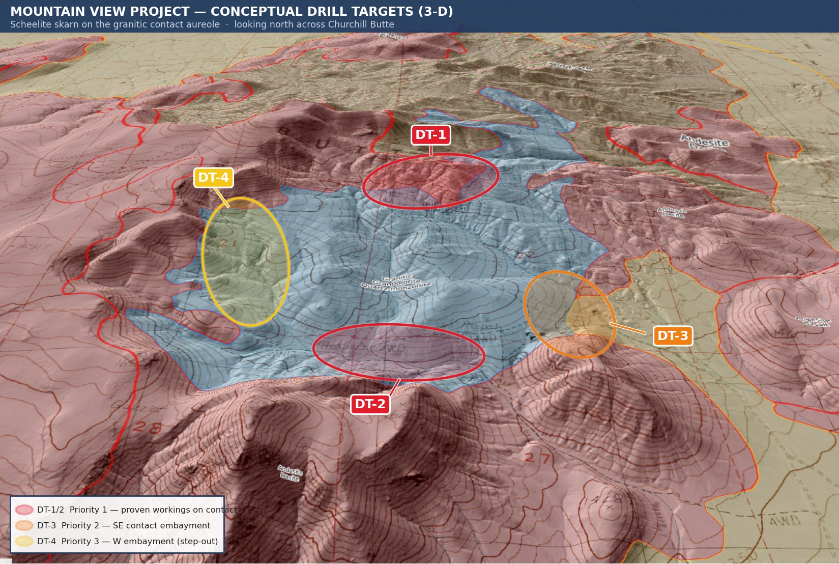 Three-dimensional view of the Churchill Butte contact aureole with four conceptual drill targets marked