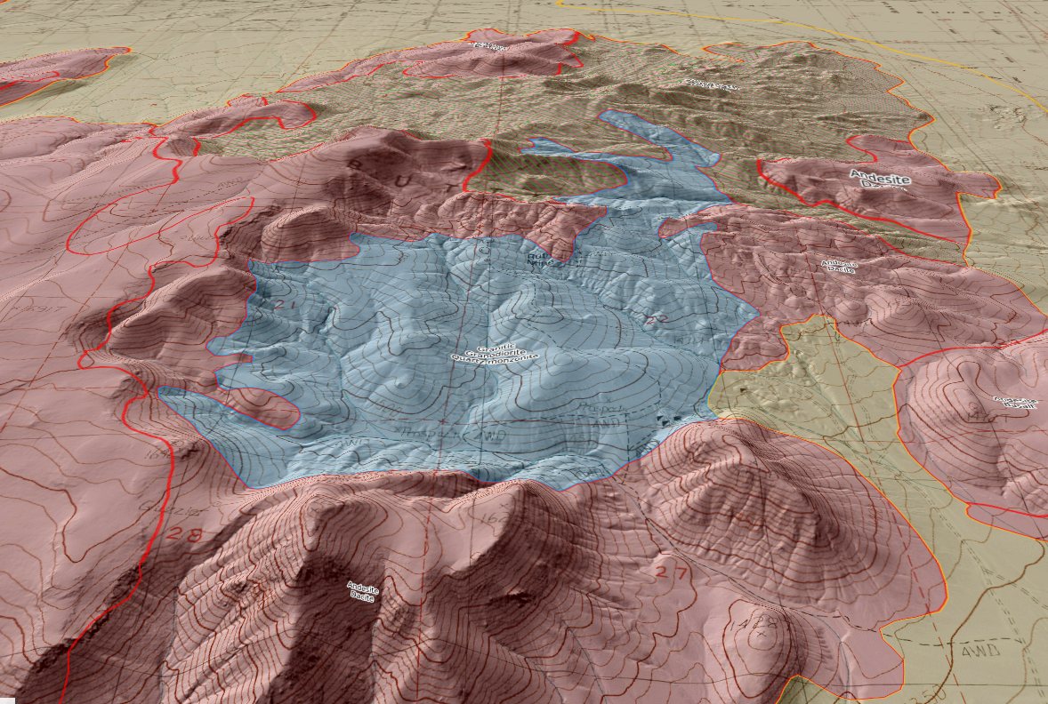 Oblique three-dimensional view of the Churchill Butte pluton and its contact aureole draped over terrain