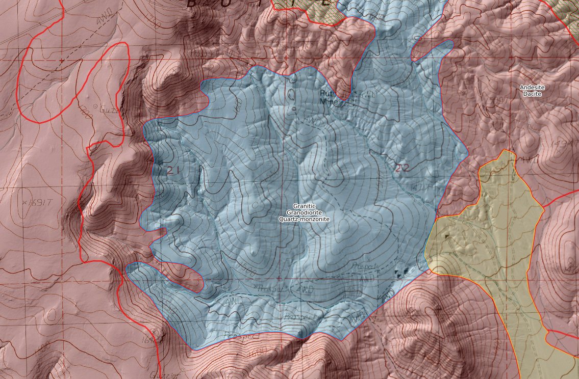 Geologic map over shaded relief showing the granodiorite pluton surrounded by andesite and dacite, with the Ruth Mine on the northern contact