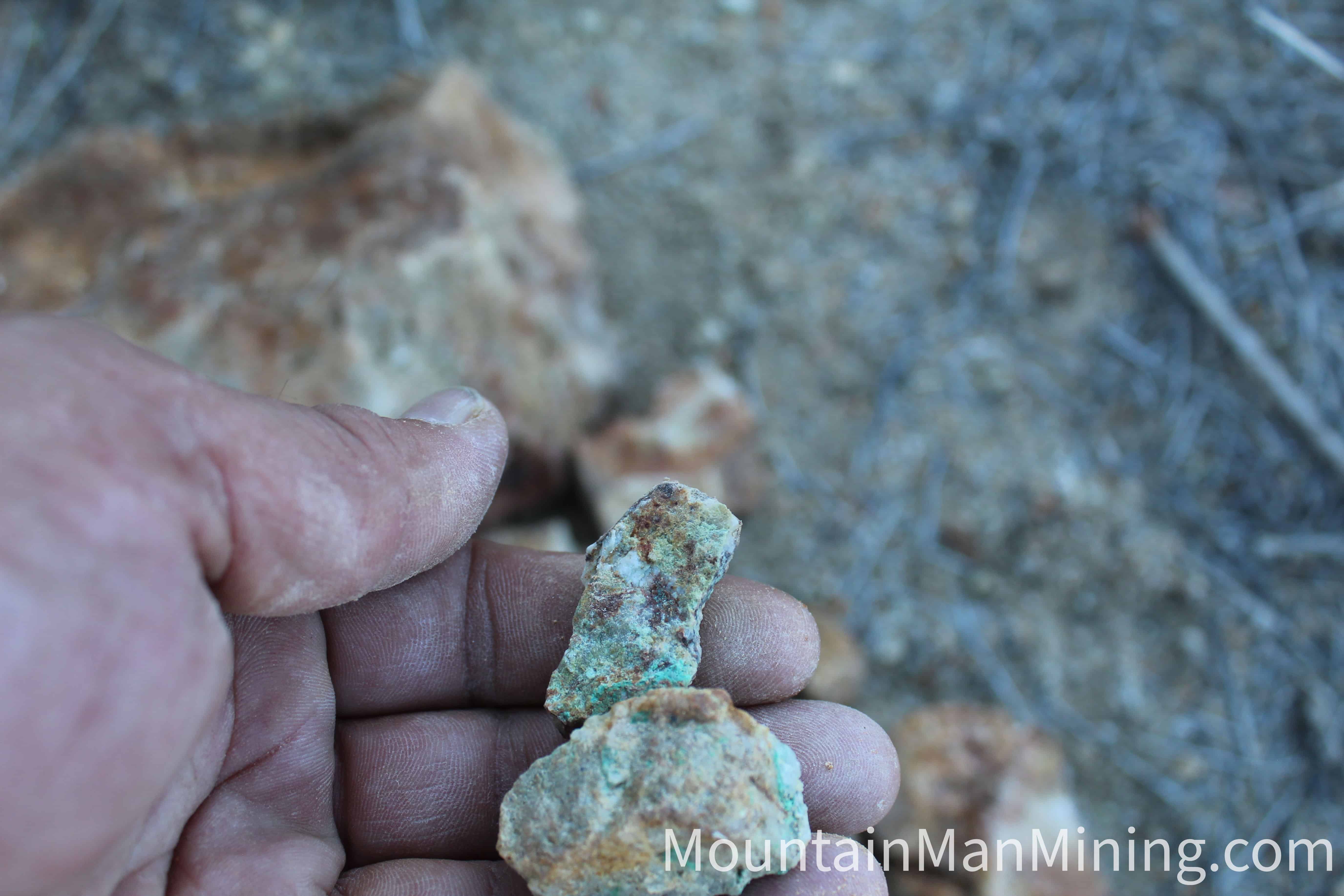 The Enriquez &mdash; Hand sample of copper-stained quartz from the dump