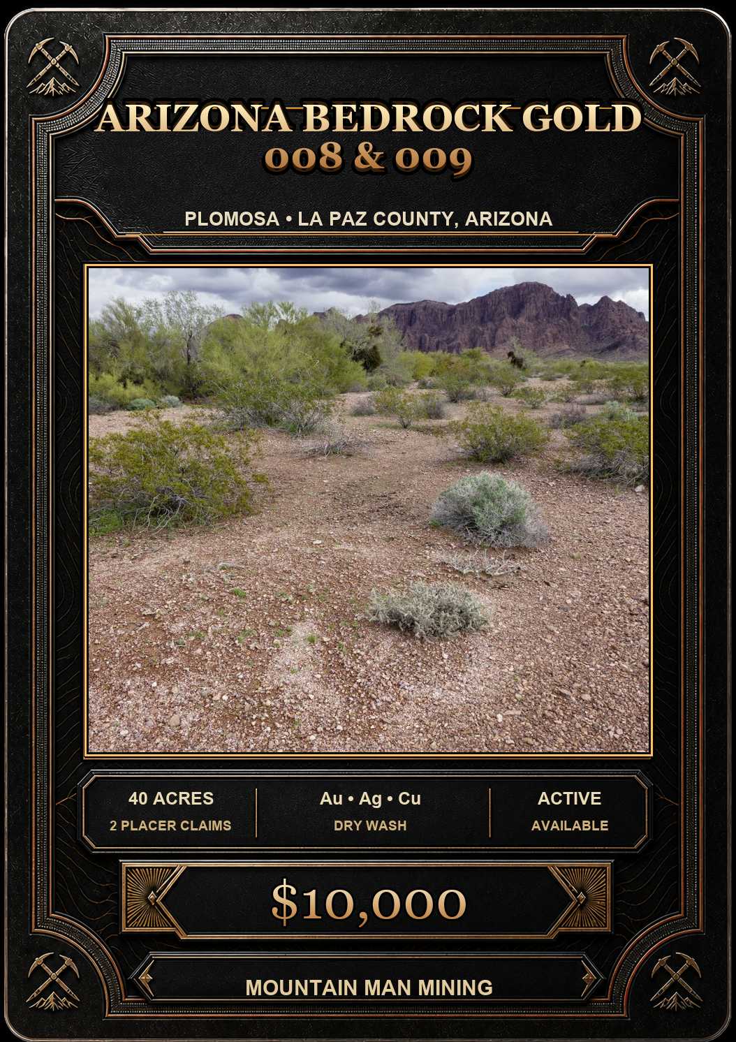 Arizona Bedrock Gold 008 & 009 collector card — 40-acre unpatented placer claim in La Paz County, Arizona. Au, Ag, Cu. $10,000.