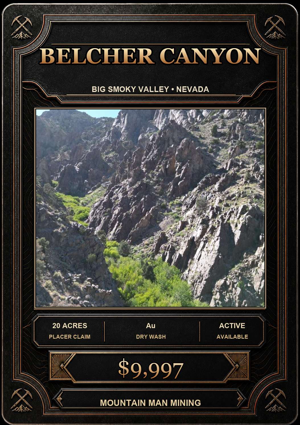 Belcher Canyon collector card — 20-acre unpatented placer claim in the Big Smoky Valley, Nye County, Nevada. Au. $9,997.