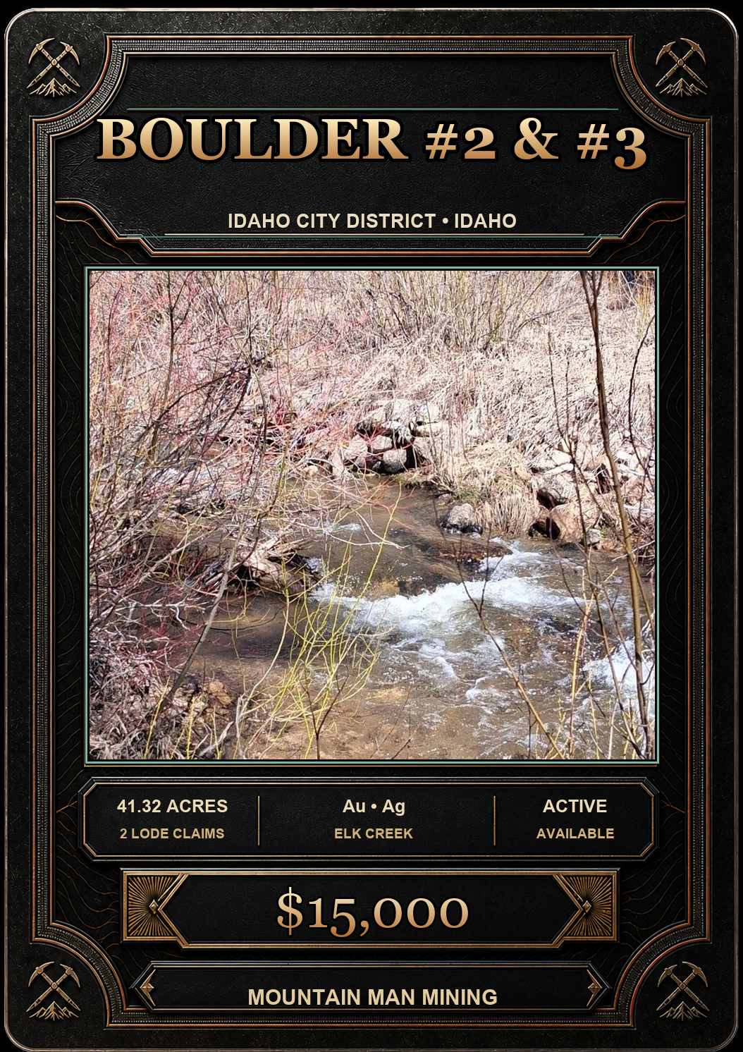 Boulder #2 & #3 collector card — 41.32-acre unpatented lode claims in the Idaho City District, Boise County, Idaho. Au, Ag. $15,000.