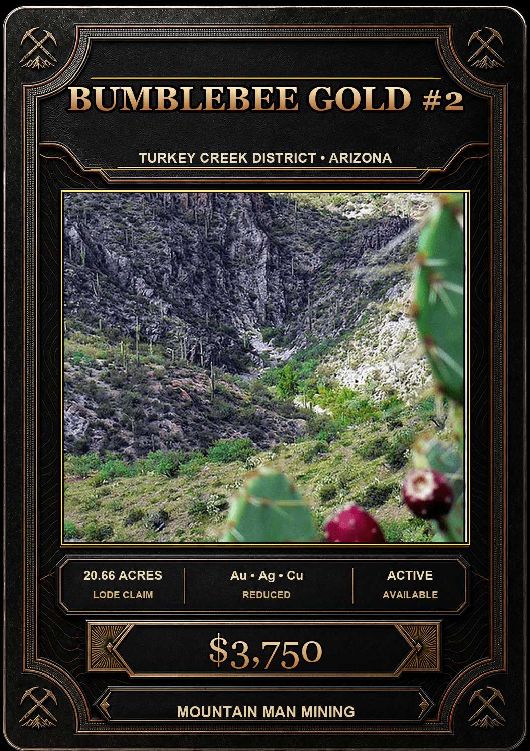 Bumblebee Gold #2 collector card — 20.66-acre unpatented lode claim in the Turkey Creek District, Yavapai County, Arizona. Au, Ag, Cu. Reduced to $3,750.