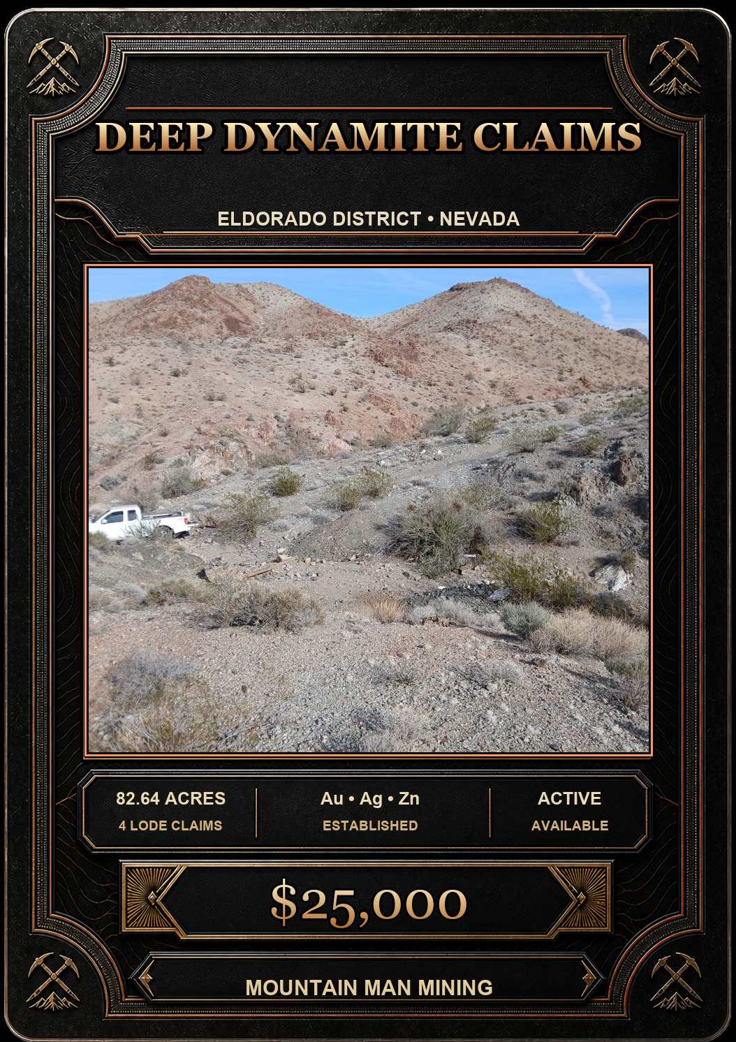Deep Dynamite Claims collector card — 4 unpatented lode claims in the Eldorado District, Clark County, Nevada. Au, Ag, Zn. $25,000.