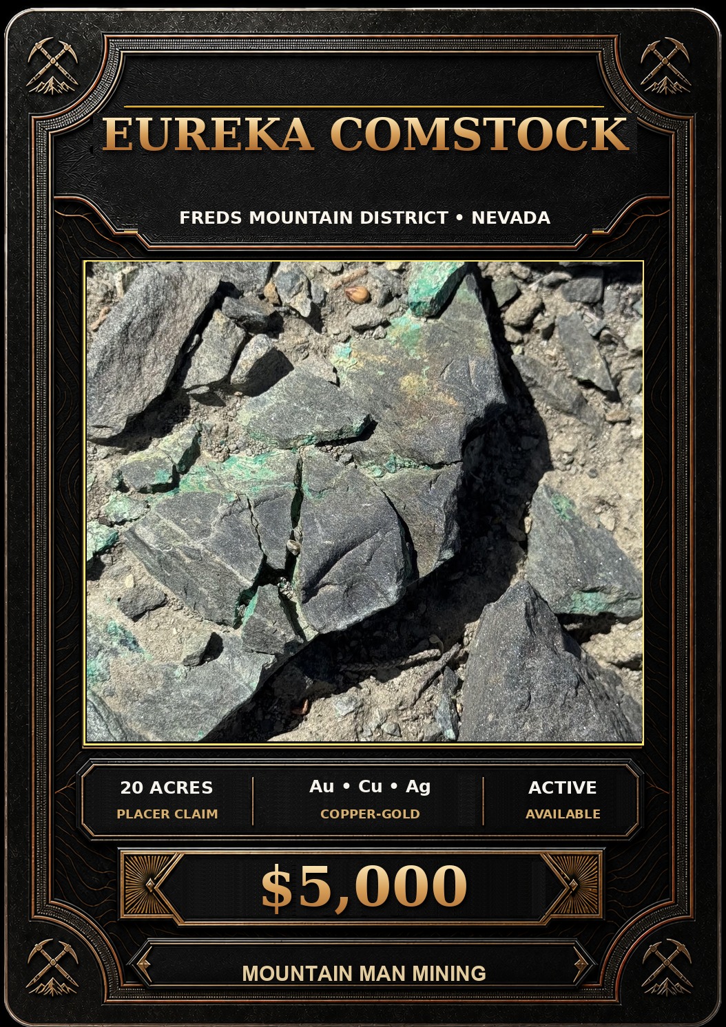 The Eureka Comstock Placer collector card — 20-acre unpatented placer claim on Freds Mountain, Freds Mountain Mining District, Washoe County, Nevada. Au, Cu, Ag. $5,000.