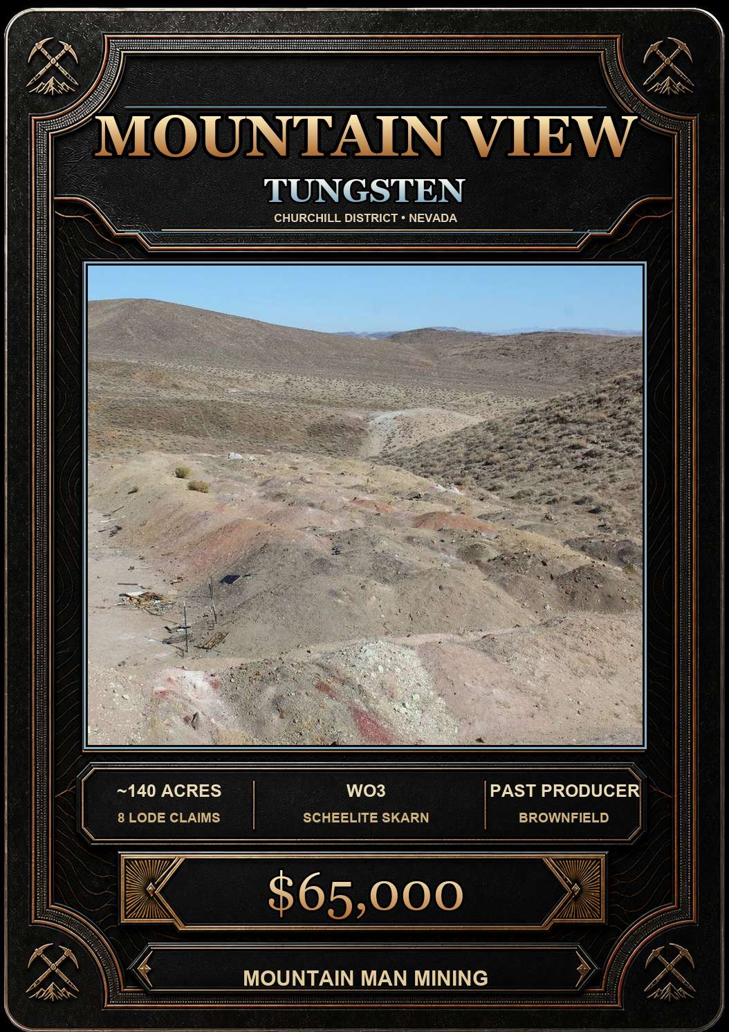 Mountain View Tungsten Project collector card — 8-claim unpatented lode block (~140 acres) in the Churchill Mining District, Lyon County, Nevada. W, Cu. $65,000.