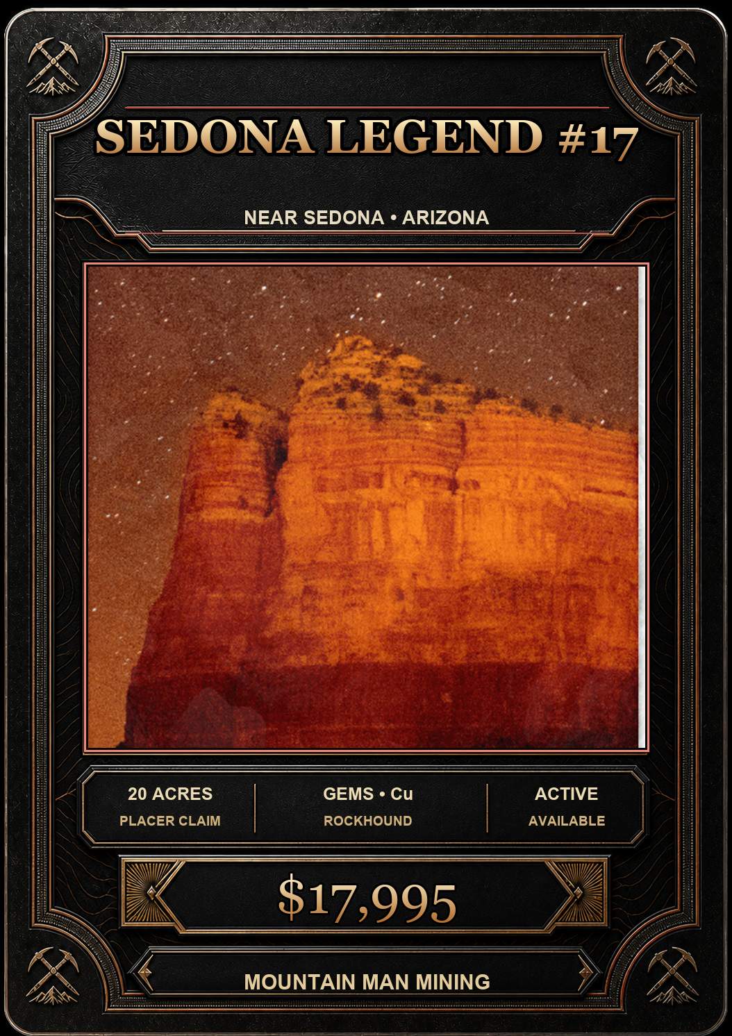Sedona Legend #17 collector card — 20-acre unpatented placer claim near Sedona, Yavapai County, Arizona. Gems, Cu. $17,995.