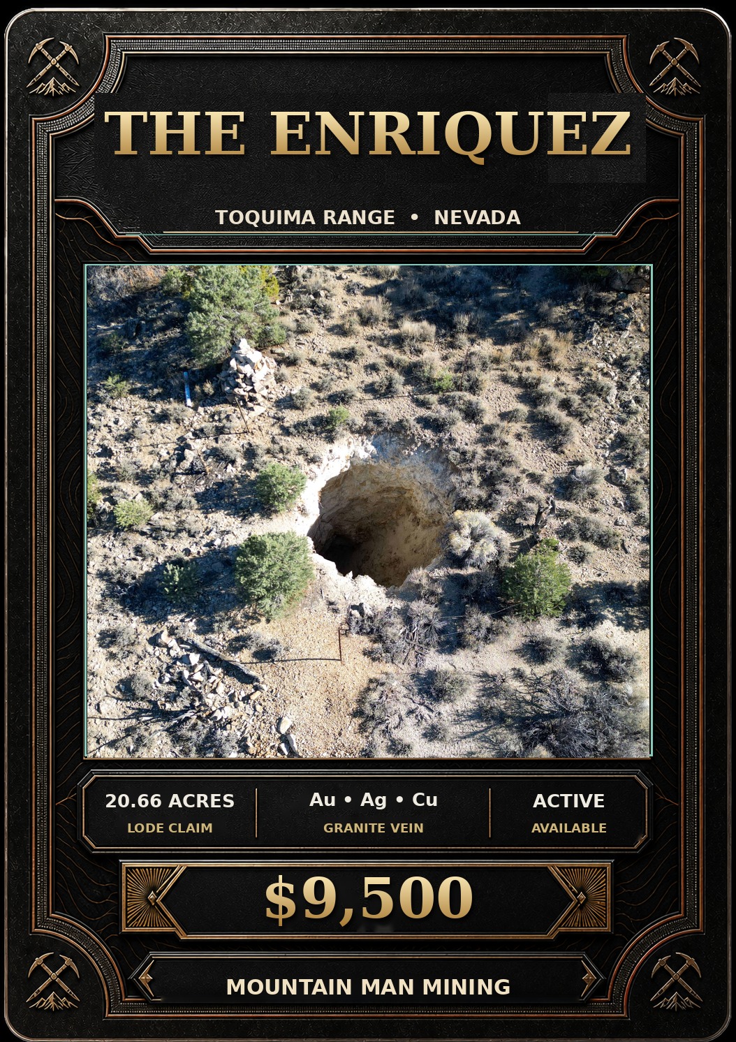 The Enriquez collector card — 20.66-acre unpatented lode claim on the historic Enriquez Prospect, Northumberland Mining District, Toquima Range, Nye County, Nevada. Au, Ag, Cu. $9,500.