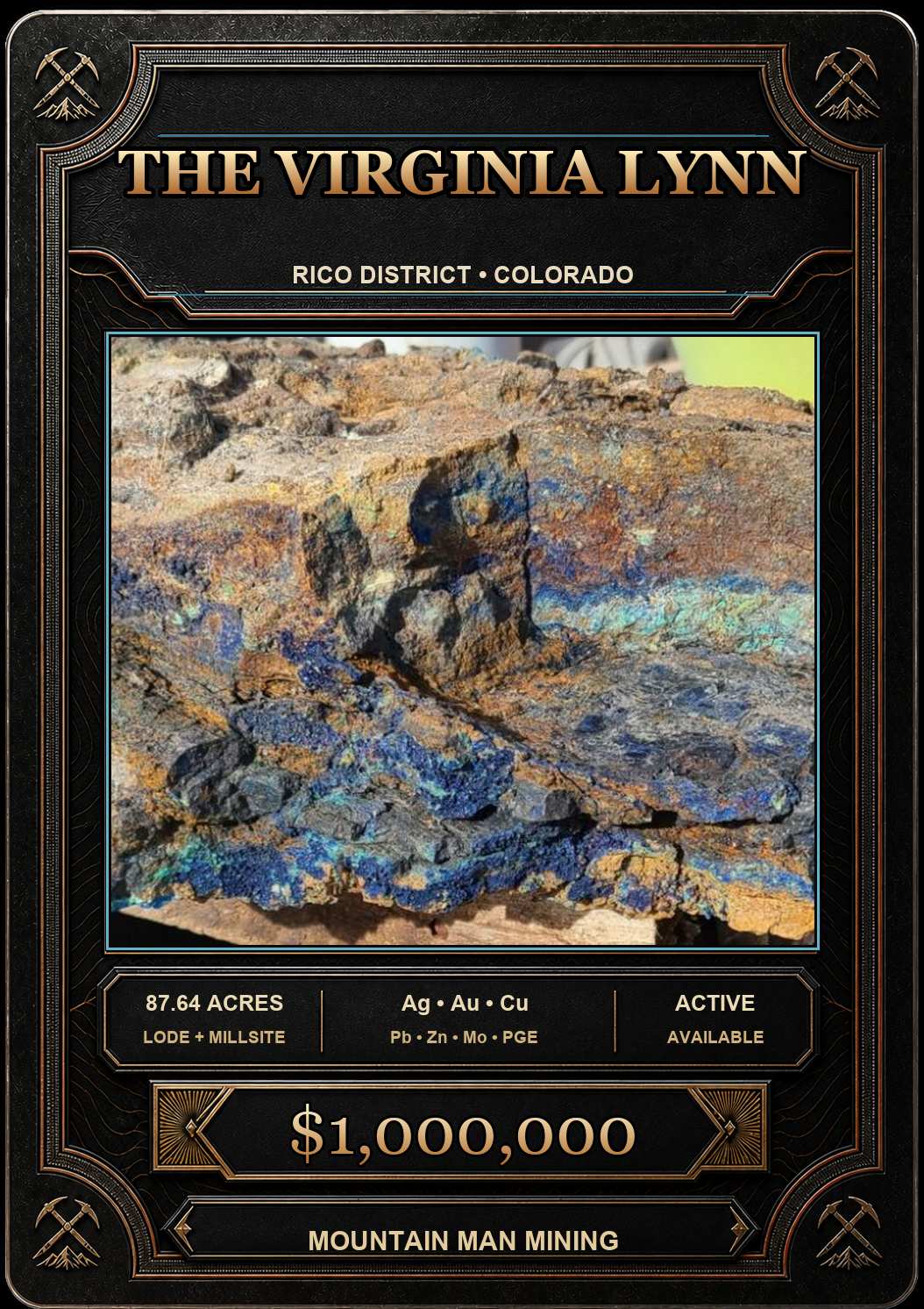 The Virginia Lynn collector card — 87.64-acre unpatented lode claim in the Rico District, Dolores County, Colorado. Ag, Au, Cu, Pb, Zn, Mo, PGE. $1,000,000.