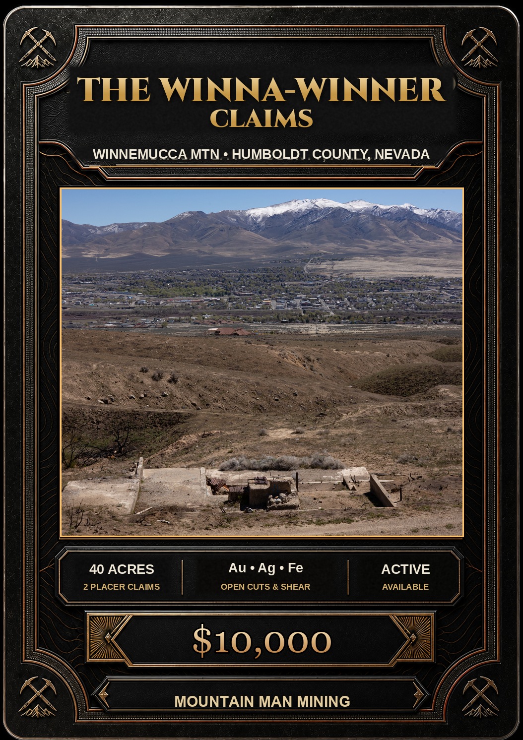The Winna-Winner Claims collector card — two 20-acre unpatented placer claims on Winnemucca Mountain, Winnemucca Mining District, Humboldt County, Nevada. Au, Ag, Fe. $10,000.
