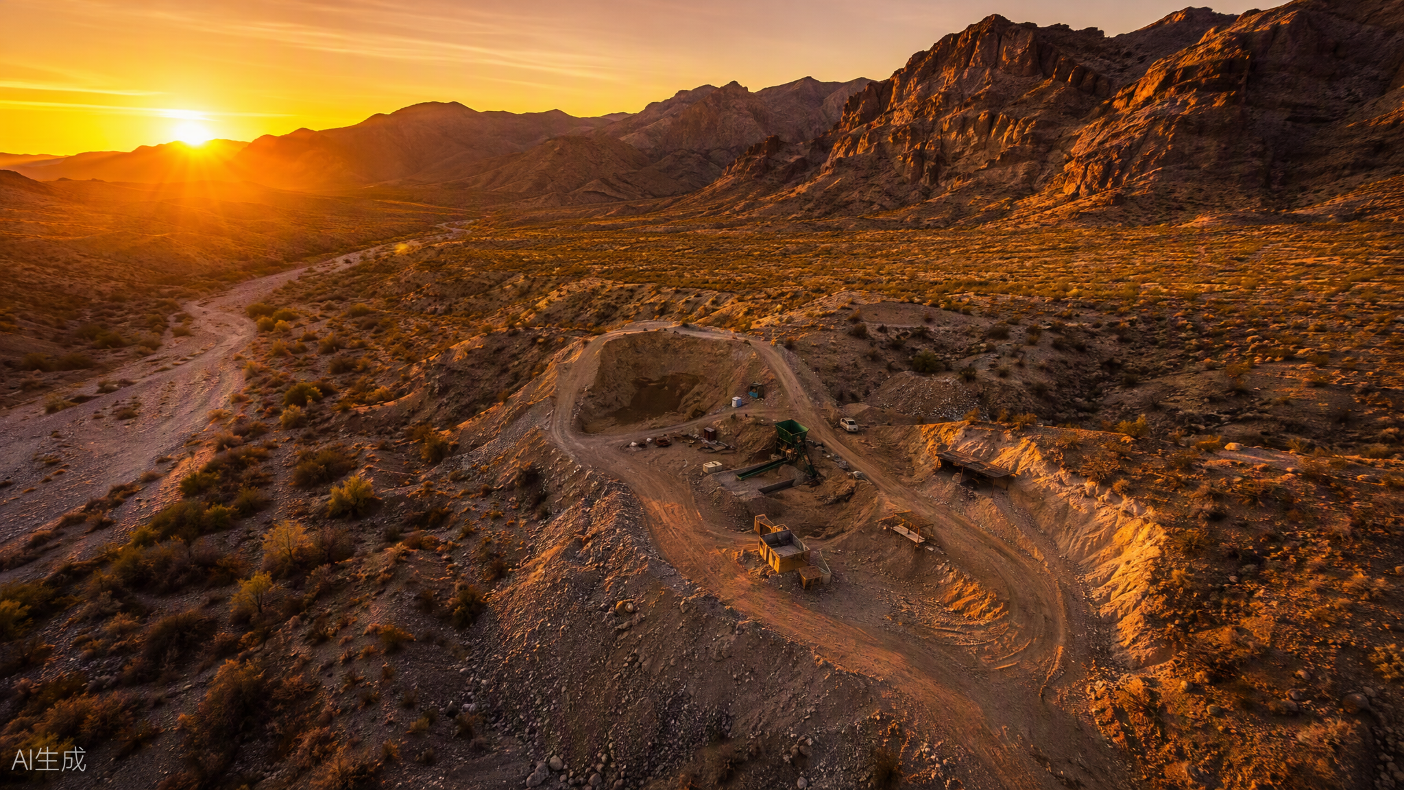 Aerial view of a mining claim in the American West desert at golden hour