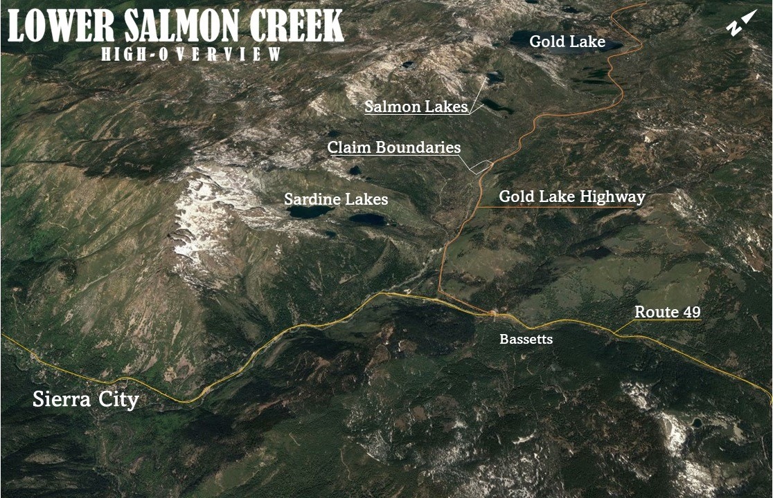 The Lower Salmon Creek's high overview, one of our mining claims for sale at Mountain Man Mining.