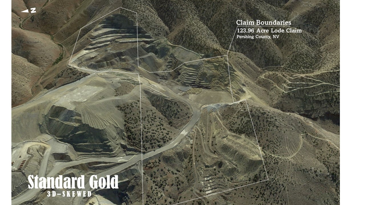 A 3D skewed image of the Standard Gold claim, showing off the height of the mountains of tailings.