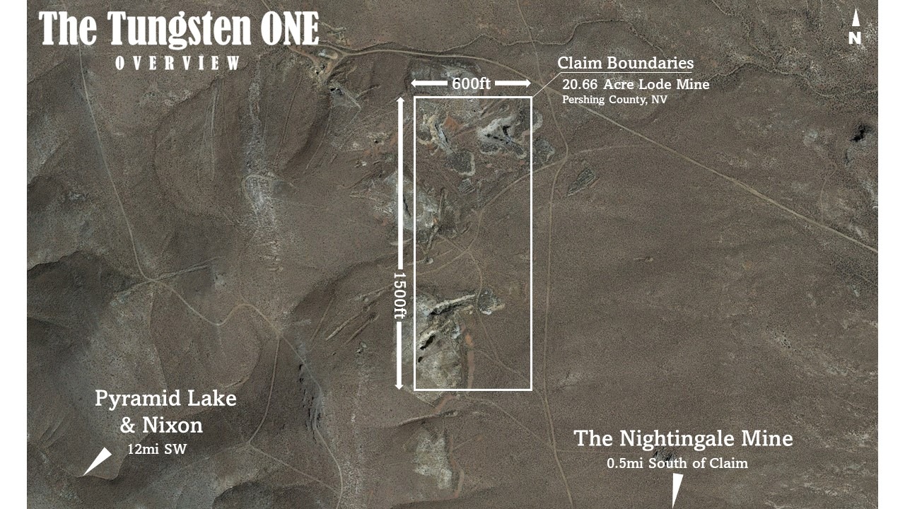An overview image of the Tungsten One claim's boundaries, one of the tungsten and silver mines for sale at MountainManMining.com.