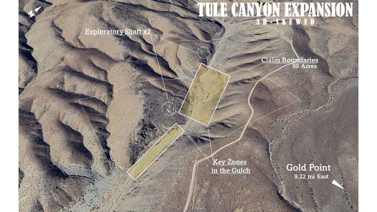 A three-dimensionally skewed image of the Tule Canyon Expansion claim site, a gold claim for sale at MountainManMining.com.