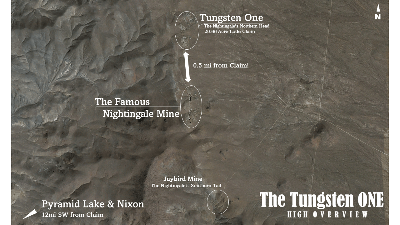 A high overview image of the Tungsten One claim, a tungsten mine for sale at MountainManMining.com.