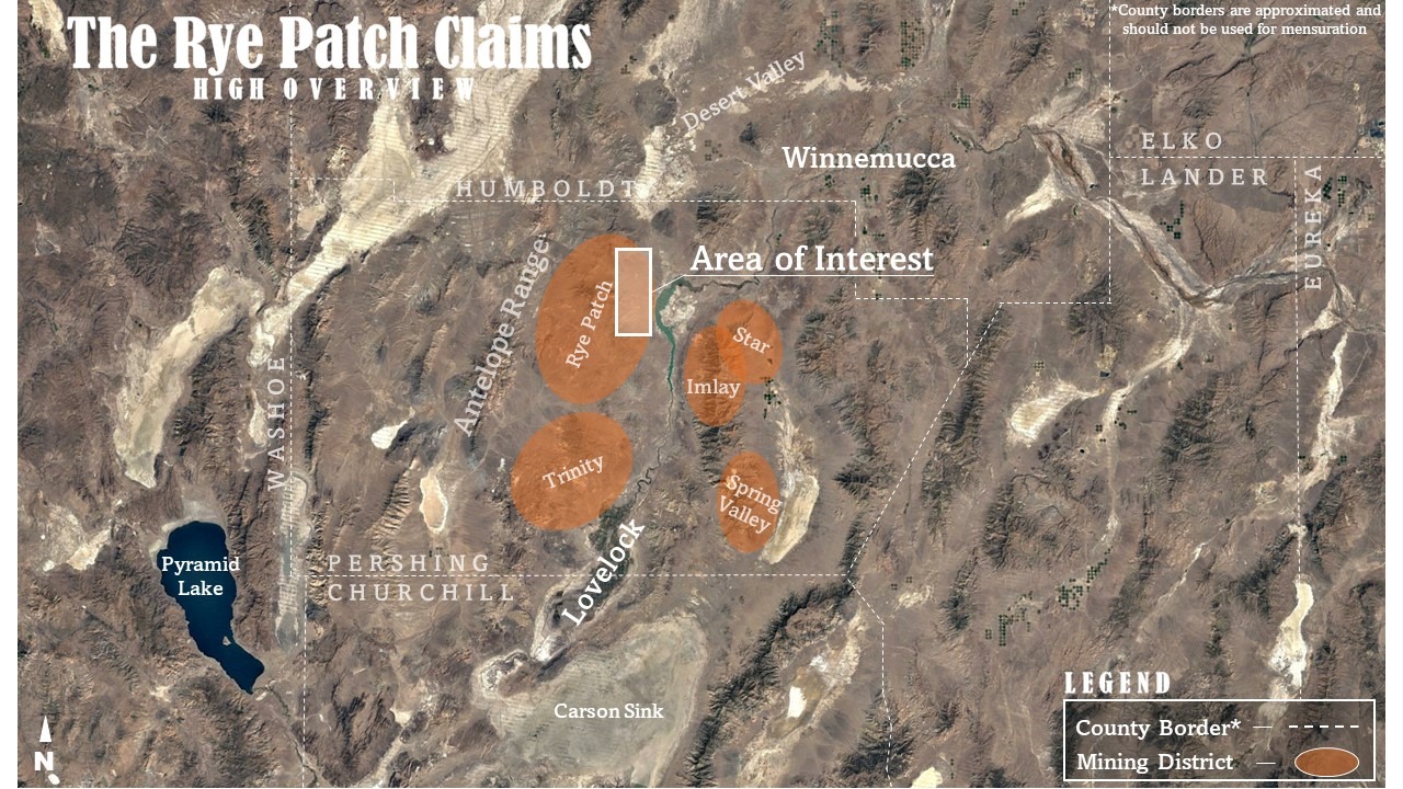 A high overview of the Rye Patch claims, showing the surrounding area and Nevada gold claims for sale at MountainManMining.com.