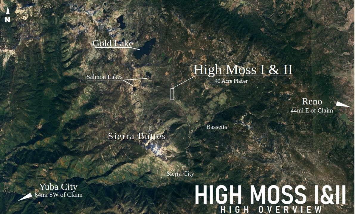 A high overview image of the High Moss claims in Sierra County, California, available only on Mountain Man Mining.com!